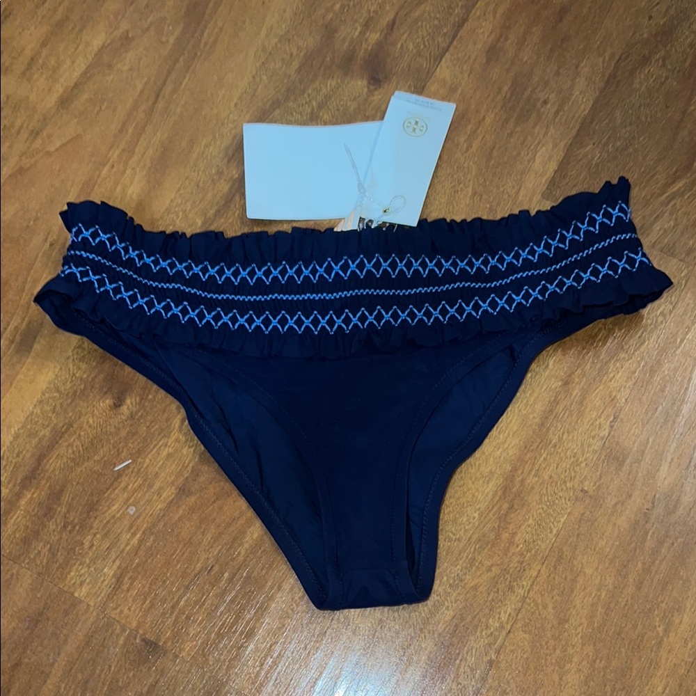 Tory Burch Navy Bikini Bottom with Embroidery